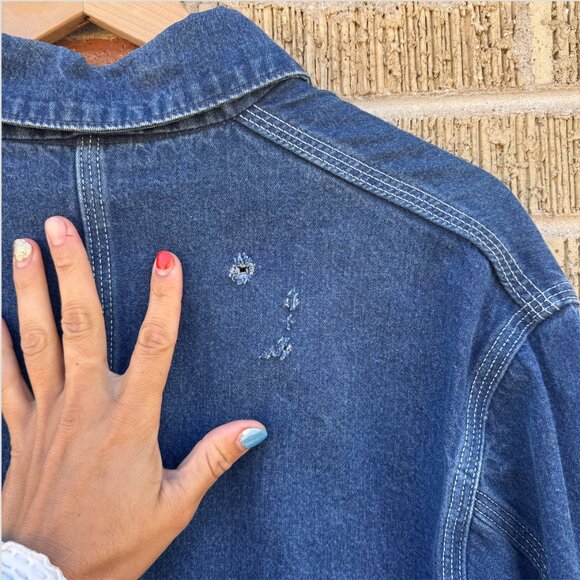 Vintage 1989 CARHARTT 100 yr style Denim Chore Jacket USA size L (flaw-hole) - Picture 3 of 6